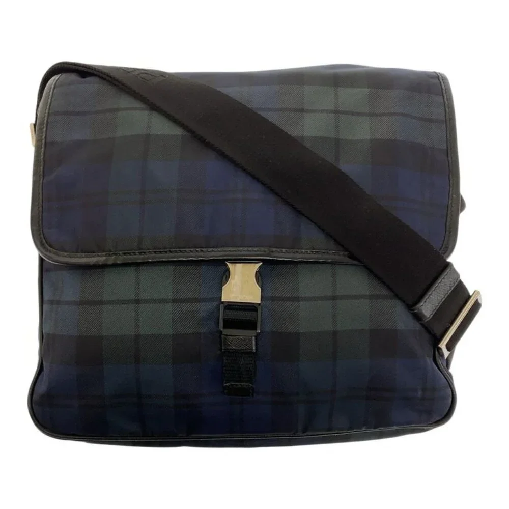 Prada Tessuto Triangle Logo Plate Checked Green Blue Black Silver Hardware